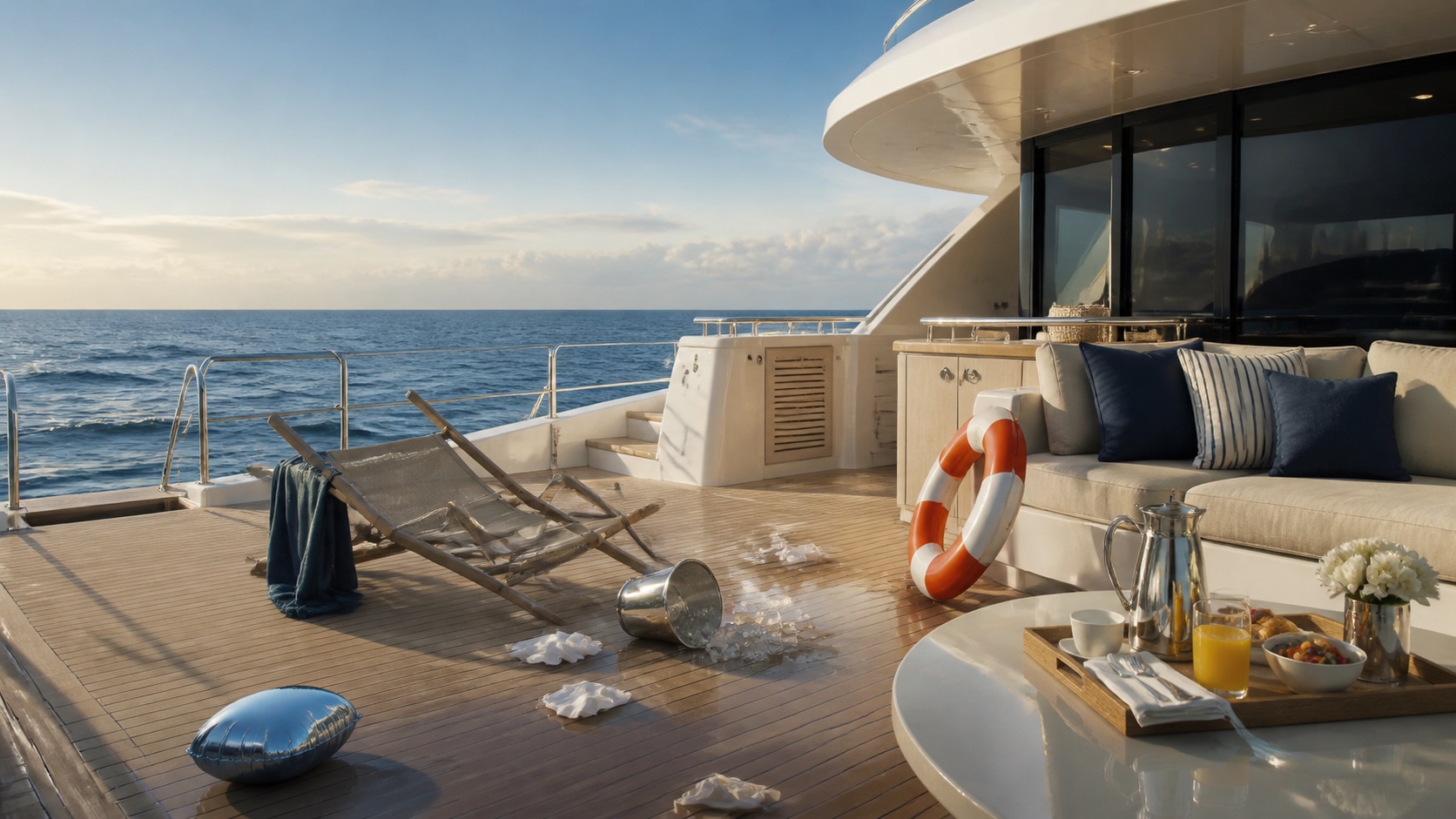 Luxury yacht deck after a chaotic party, with toppled furniture and an untouched breakfast tray