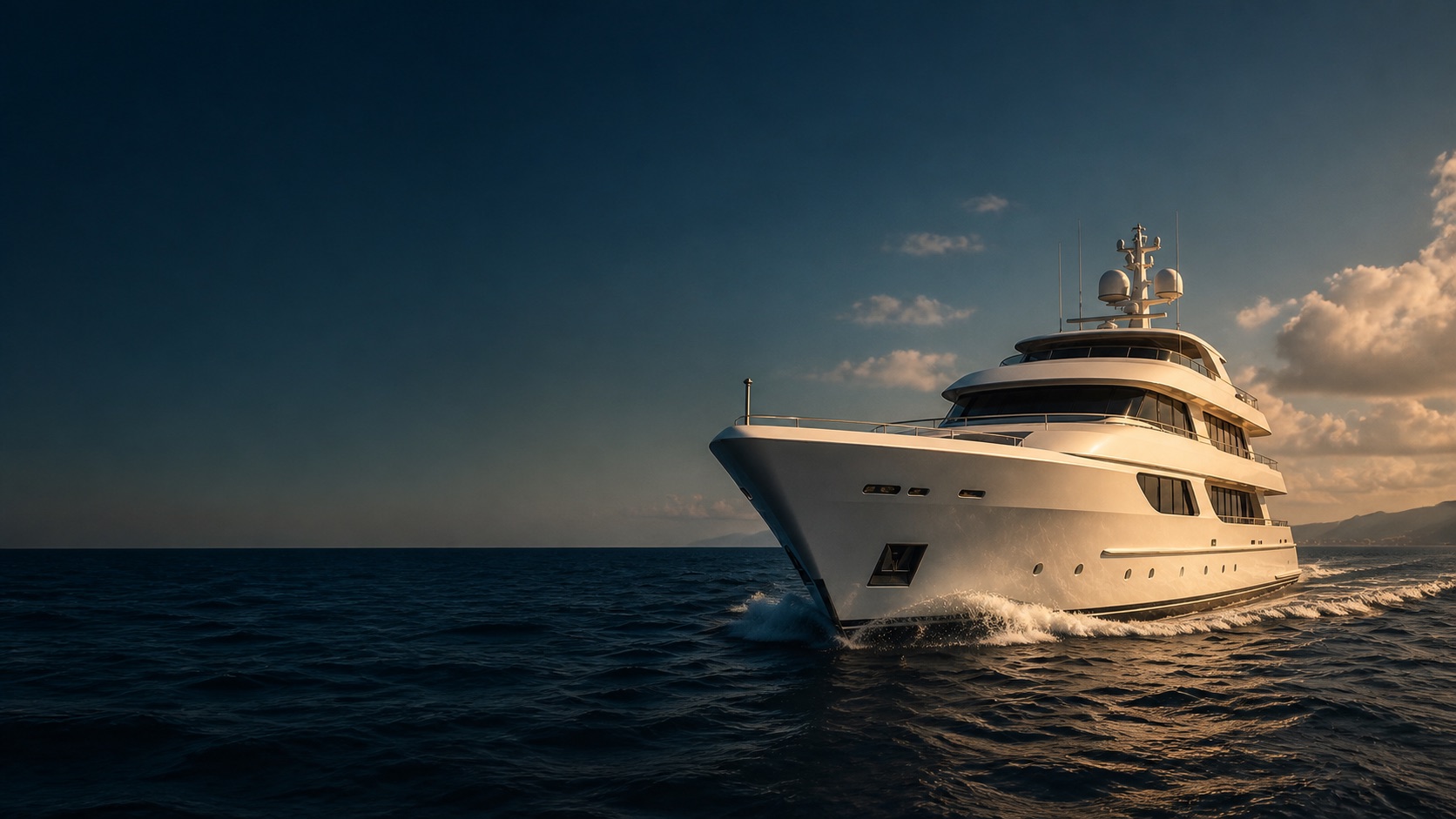 Luxury yacht underway at golden hour
