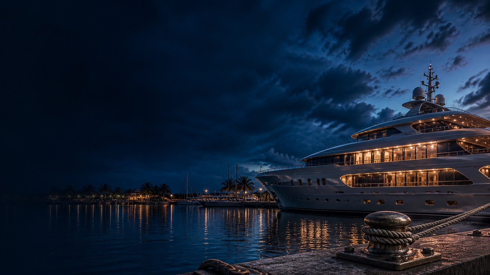 Luxury superyacht moored at a blue-hour marina